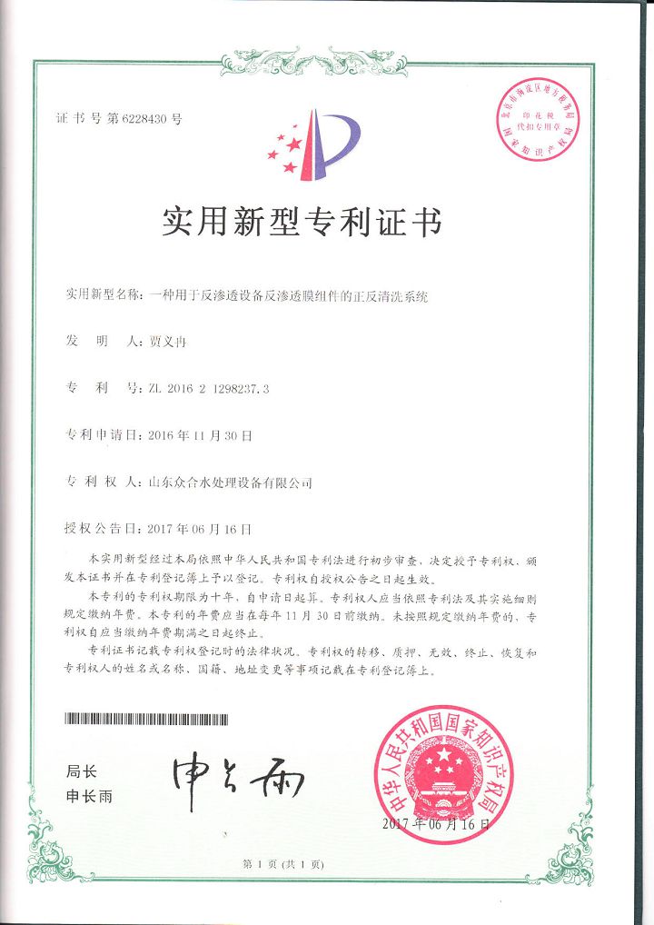 一種用于反滲透設備反滲透膜組件的正反清洗系統實用新型專利.jpg